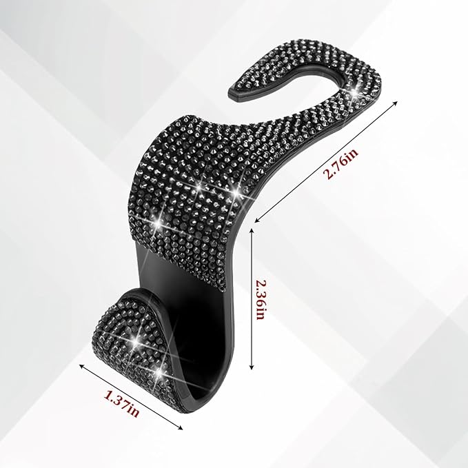 4PCS Bling Car Seat Headrest Hooks, Crystal Rhinestone Vehicle Back Seat Hanger Holder, Auto Interior Headrest Hanging Storage Organizer for Purse Handbag Coat, Universal Fit (Black) - Image 2