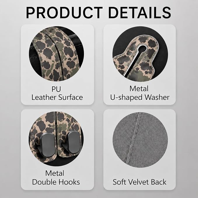 Cute Camo Car Seat Back Storage Headrest Hooks for Purses & Bags – 2PCS PU Leather Dual Metal Hooks, Backseat Organizer Accessories - Image 3