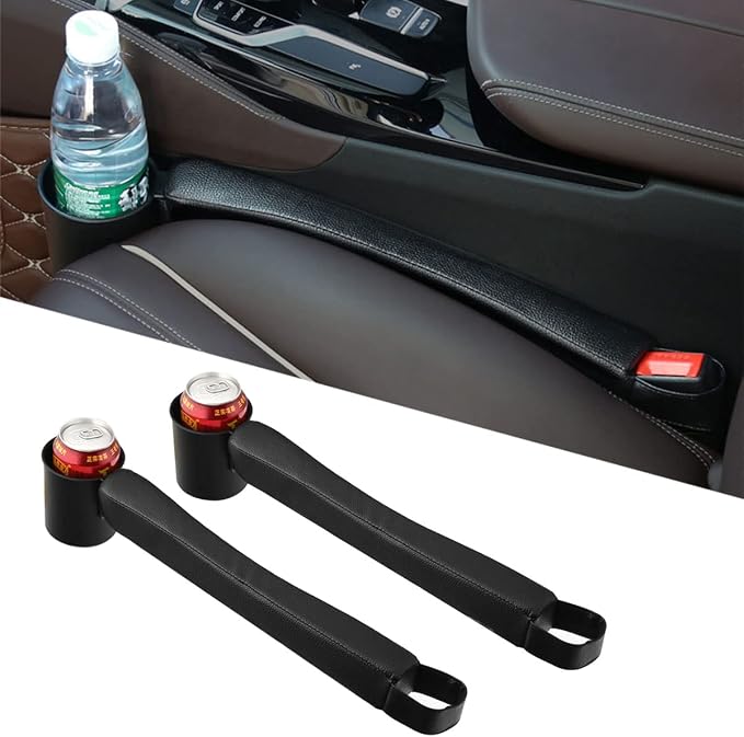 Tumecos Car Seat Gap Filler Pad PU Leather Console Side Pocket Organizer with One Cup Holder for Cellphone Wallet Coin Key 2 Pcs (Black+Black Surface) by Tumecos