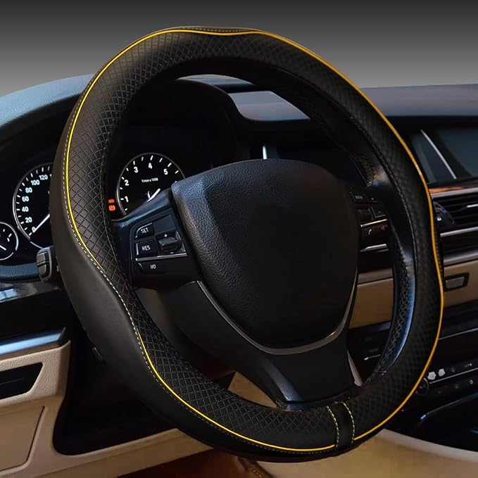 Gomass Car Steering Wheel Cover, Anti-Slip, Safety, Soft, Breathable, Heavy Duty, Thick, Full Surround, Sports Style (Black with Yellow Line) by Rsept
