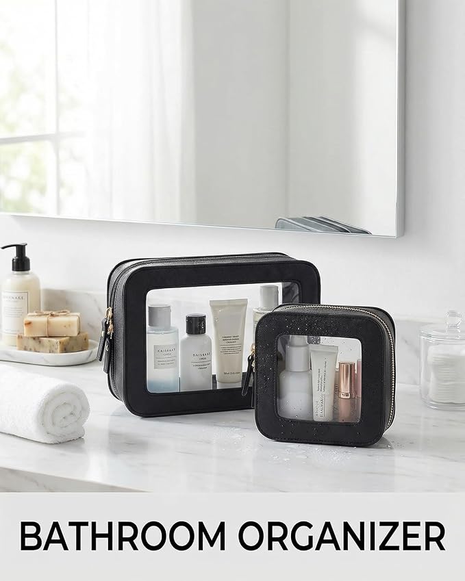2Pcs Clear Window Travel Cosmetic Bag Set,Waterproof PU Portable Sunscreen Storage Pouch,Square Makeup Organizer Case,Summer Beach Vacation Toiletry Bag for Skincare(2Pack-Standard & Square, Black) - Image 5