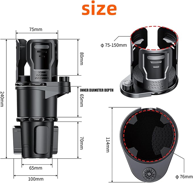 2-in-1 Adjustable Car Cup Holder Expander & Organizer – Dual Automotive Drink Holder for Bottles, Snacks, Phones – Fits Most Vehicles (3.0"-5.9" Diameter, 20 oz Capacity, Non-Slip Base) Black - Image 6