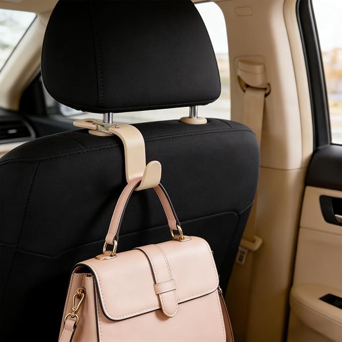 4PCS Car Seat Headrest Hook, Multi-Purpose Seat Back Hanger Purse Bag Handbag Organizer, Auto Interior Backseat Storage Hook Holder for Coat Hat Grocery Umbrella, Universal Fit (Beige) - Image 6