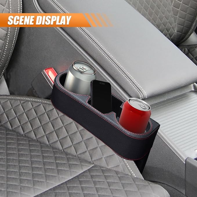 Car Cup Holder, PU Leather Auto Seat Gap Filler Organizer (Black) | Multifunctional Vehicle Cup Drink Holder, Front Console Storage Box for Coin Cellphone Sunglasses, Universal Car Accessories - Image 6