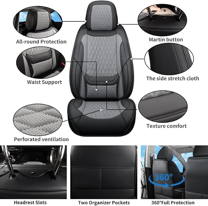 Car Seat Covers Full Set Fit For Toyota Highlander 2001-2026, Black&Gray | Lumbar Support, Premium Faux Leather, Breathable, Anti-Slip, Airbag Compatible, Waterproof, Car Seat Protectors, 2 Row-5Seat - Image 2