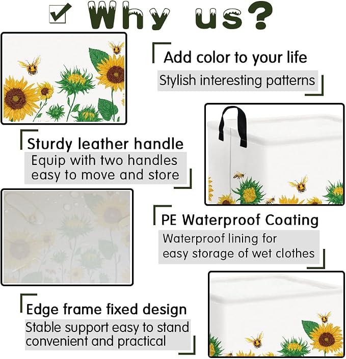FXOLCSHE Rectangular Sunflower basket,Waterproof Canvas kids Laundry Nursery Hamper,Storage Baskets for Bedroom,Yellow Hamper,Gift Basketsr(Sunflower) - Image 6
