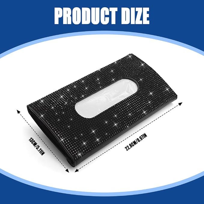 Bling Car Sun Visor Tissue Box Holder, Visor Accessories, Rhinestone PU Leather Crystal Sparkling Napkin Holder, Auto Sun Visor Paper Towel Cover Case Accessories for Most Cars (Black) - Image 2