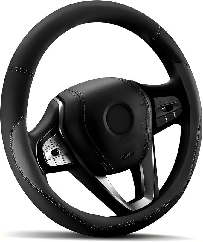 HOTOR Car Leather Steering Wheel Cover, Universal 15.5"-16", Gray | Universal Car Accessory for Diverse Cars, Car Steering Wheel Cover with Anti-Slip Lining, Full Protection, Easy Installation by HOTOR