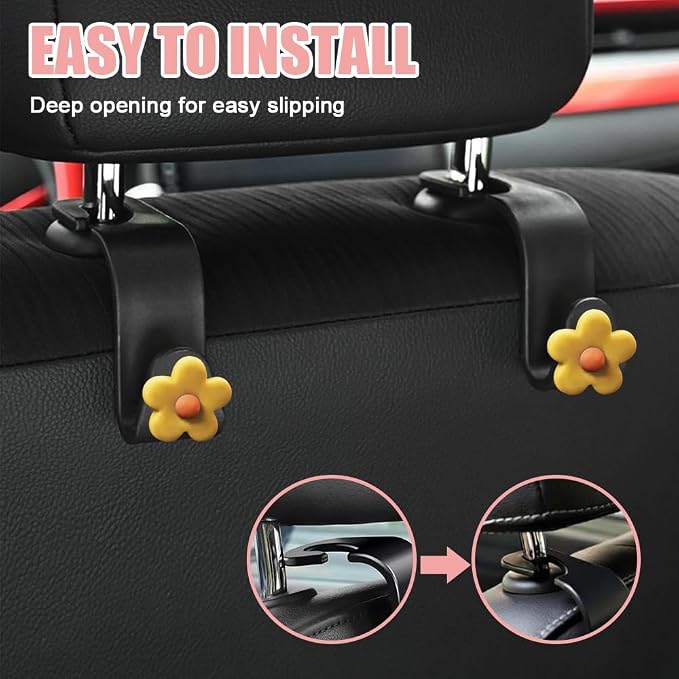 8PCS Car Headrest Hooks, Cute Flower Vehicle Seat Organizer Hooks for Purses and Bags, Portable Automotive Purse Hanger Holder Decoration, Universal Car Accessories for SUV, Sedan, Truck (Dark yellow) - Image 6