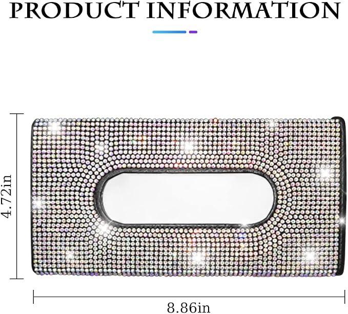 Bling Car Sun Visor Tissue Box Holder, Rhinestone PU Leather Crystal Sparkling Napkin Holder, Backseat Paper Towel Cover Case Car Accessories for Women (Multicolor) - Image 2