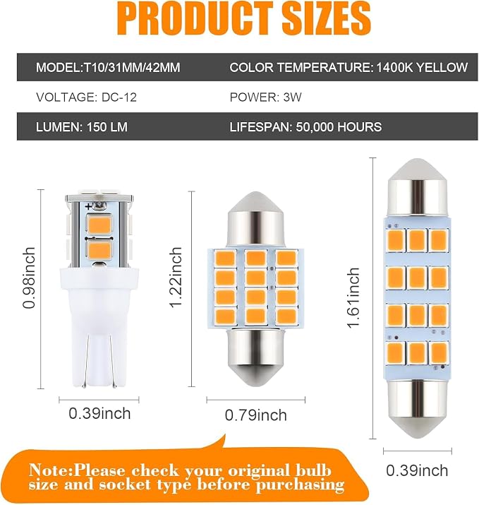 iFunyLED 24 Pieces Dome Light LED Car Interior Bulb Kit Set 194 T10 DE3175 578 31mm 42mm Bulbs Interior Replacement Lights for Car Map License Plate Door Side Marker Cornering Trunk Light - Amber - Image 2
