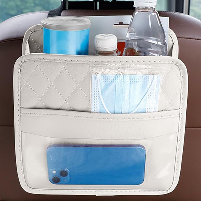 Mandark PU Leather Car Seat Back Organizer, Gray | Three-pocket layout with clear panel, elastic strap installation, fits most cars, SUVs, and trucks, car interior accessories - Image 6