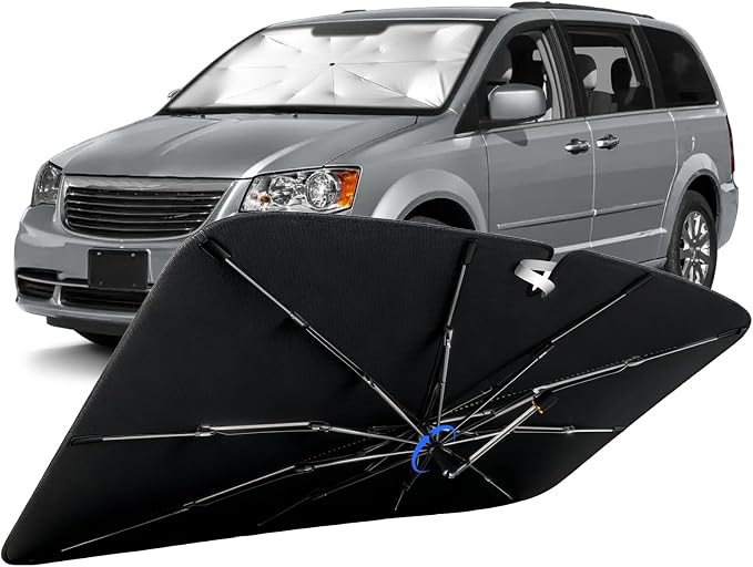 Windshield Sun Shade for Chrysler Town & Country 2008-2016,UPF50+ Keep Cool | 360°Rotating Shaft, Custom Fit Umbrella Sunshade for UV Blocking, Interior Heat Protection, Easy Storage for Naps by Lonyaqui