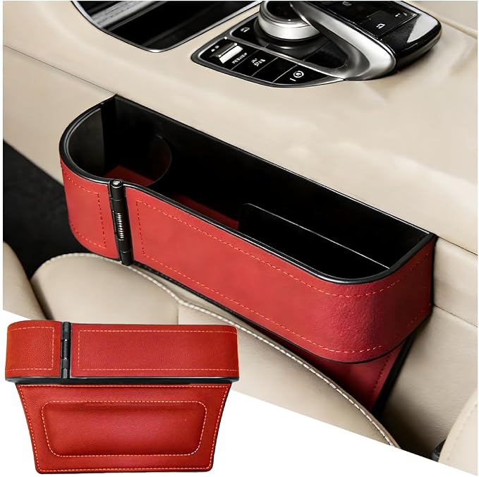 Car Seat Gap Filler Organizer with Cup Holder Expander, Leather Console Seam Filler Storage Box, Auto Front Seat Gap Organizer for Phones Keys Glasses, Universal Fit (Wine Red Driver) by Unknown