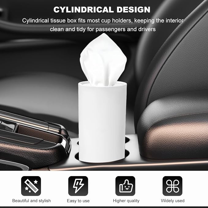 DXNQ 4 PCS Car Tissues Holder, Car Cup Holder Refillable Travel Tissues Tube with Facial Tissues, Portable Cylinder Round Tissue Boxes Container Decor for Car Office Home (White) - Image 4