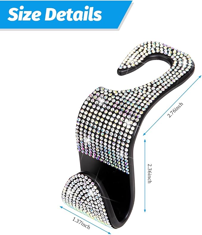 Zpana 4PCS Bling Car Seat Headrest Hooks, Vehicle Back Seat Purse Handbag Hanging Holder with Crystal Rhinestone, Diamond Storage Organizer Hook, Universal Automotive Accessories (Black/AB) | Vehicle Back Seat Purse Handbag Hanging Holder, Crystal Diam... - Image 2