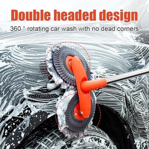 Retractable Double Head Car Wash Brush 360° Rotating Long Handle Car Cleaning Kit Brush Chenille Microfiber Car Wash Mop Not Hurt Paint Scratch Free((Single Set + 1 Spare Brush Head) - Image 3