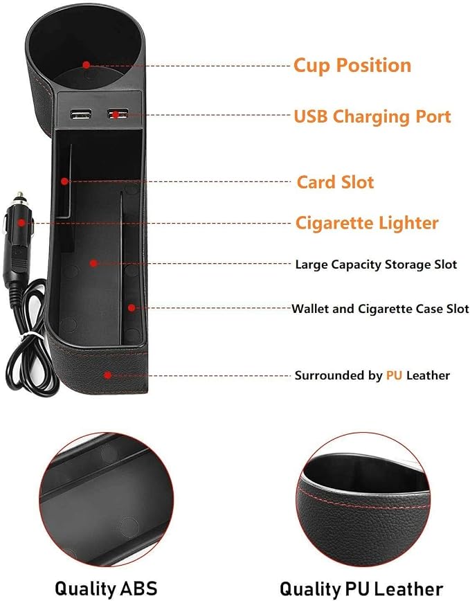Car Seat Gap Organizer,Premium Console Side Pocket with 2 USB Charging,Leather Storage Box,Multifunctional with Dual USB Charging,Cup Holder,Car Seat Gap Filler,for Cellphones Wallet Coin Key (2 Pack) - Image 3
