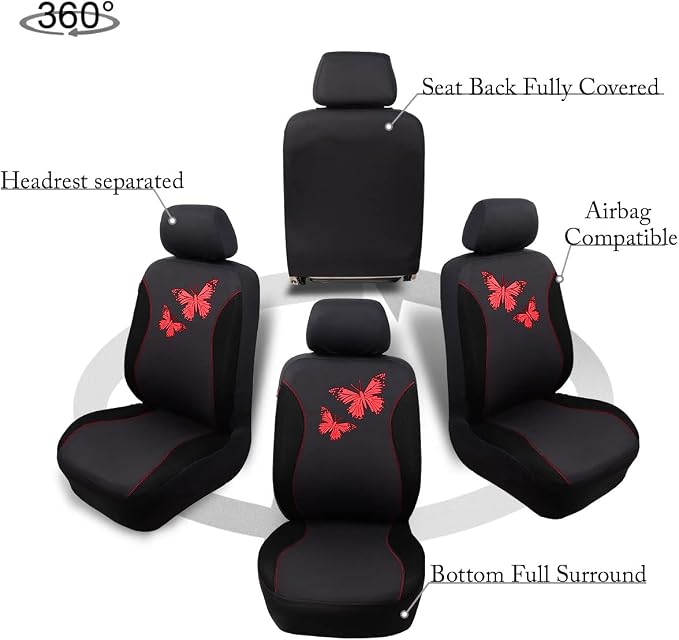Flying Banner Butterfly car seat Covers ful Set Fashion Universal Lady Woman Female Rear Bench Split Colorized (Full Set, Red Black) - Image 9