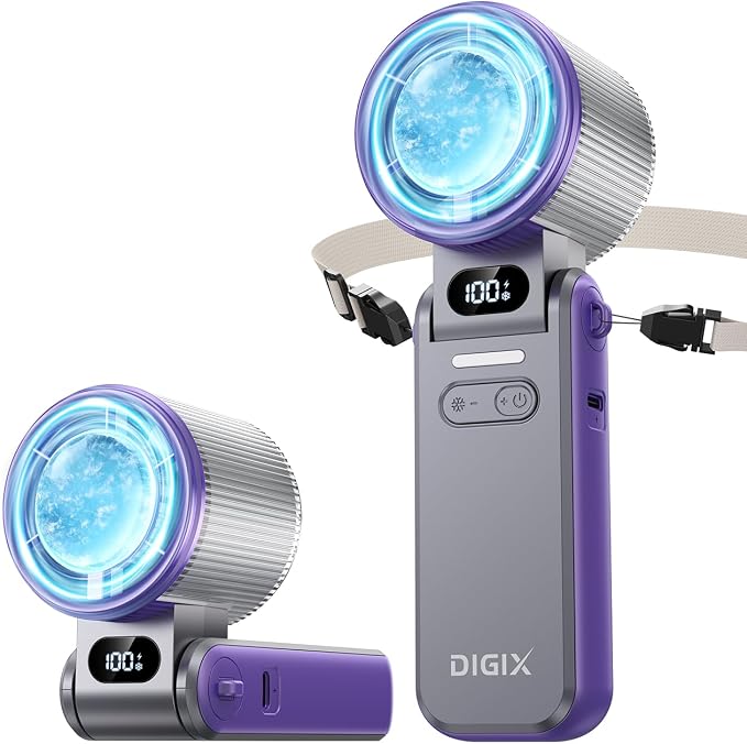 DIGIX Portable Handheld Turbo Fan with Ice Cooling, Rechargeable Personal Fan, Up to 15Hrs Cooling, 100 Speeds 25000RPM Powerful Portable Fan for Travel Outdoor,120° Adjustable, LED Display (Grey) by CoolBreezeStylishEase