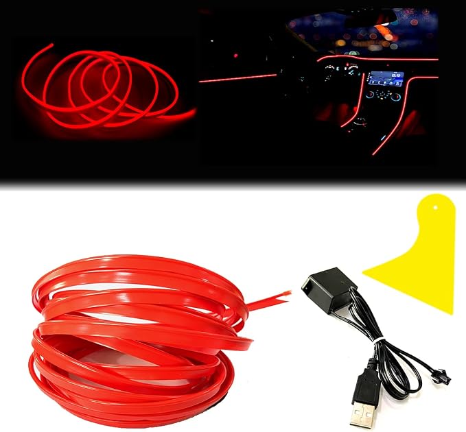 El Wire Red Interior Car LED Strip Lights, 10M Neon Wire USB 5V with Fuse Protection for Automotive Interior Decoration, with 6mm Sewing Edge by Maxlaxer