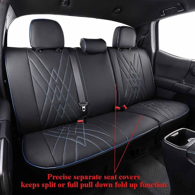 EKR Tacoma Seat Covers Custom Fit for Toyota Tacoma 2016 2017 2018 2019 2020 2021 2022 2023 Double Cab/Crew Cab -Truck Seat Covers for Car Full Set,Faux Leather (Black with Blue Trim) - Image 4