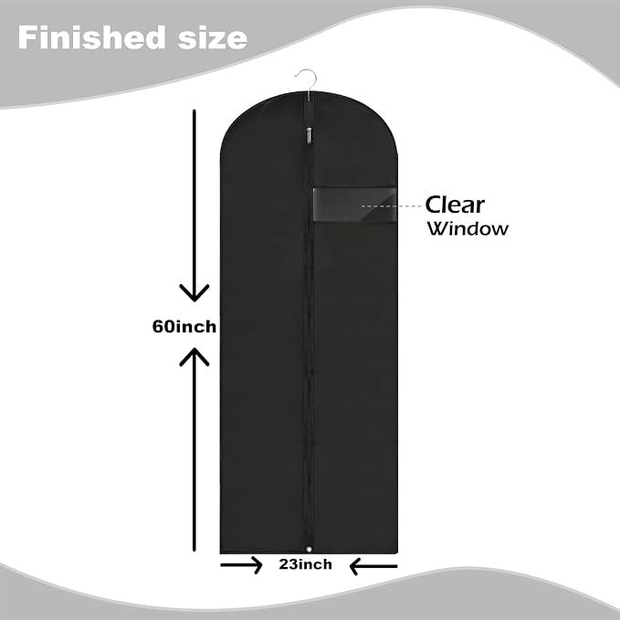 Dress Bags for Gowns Long, 60'' Garment Bags for Hanging Clothes, Suit Bag Cover for Storage and Travel (Black) - Image 2
