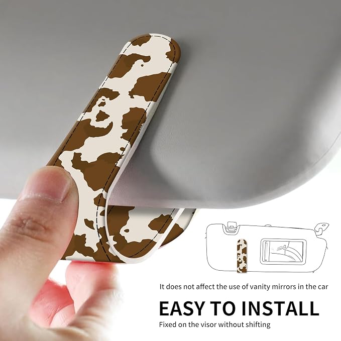 Leather Magnetic Sunglass Holder for Car Sun Visor, Cute Eyeglass Ticket Card Hanger Clip, Universal Auto Interior Accessories for SUV Pickup Truck Brown Cow Print - Image 5