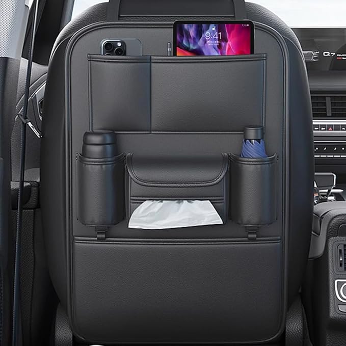 Tumecos Car Backseat Storage Bag,Seat Back Organizer with Tissue Box,Multifunctional Kick Mat,Backseat Protector Cover Pad,Large Capacity Seat Back Storage Hanging Bag(Style A) by Tumecos
