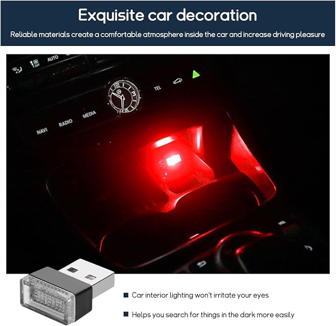 Dickno 4 PCS USB LED Car Interior Atmosphere Lamp, Portable Mini LED Night Light, Plug-in USB Interface Trunk Ambient Lighting Kit, Universal Vehicle Interior Accessories (Red) - Image 4