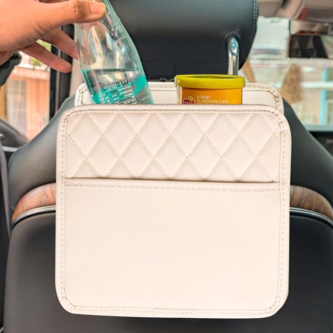 Mandark PU Leather Car Seat Back Organizer, Beige | Three-pocket layout with clear panel, elastic strap installation, fits most cars, SUVs, and trucks, car interior accessories - Image 6