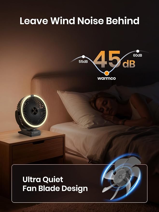 Warmco 15000mAh Clip on Fan with LED Light for Camping and Golf Car | 12-30H Runtime, 300H+ Light, USB-C Two-Way Charging, 3-Level LED Light, Clip Hook Desk Use, 4 Speeds - Image 4