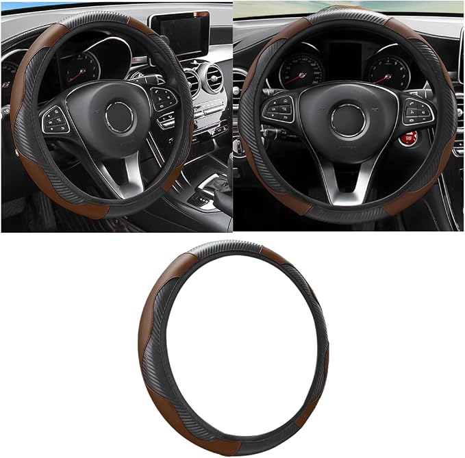 Osilly 15 Inch Carbon Fiber PU Leather Steering Wheel Cover, Black/Coffee | full-wrap protective surface, flexible ringless design, hand-stretch setup, fits matching rim sizes, automotive accessories by Osilly
