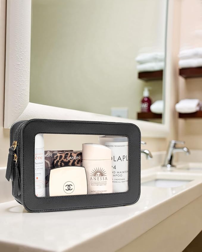 Clear Makeup Bags for Travel, TSA Approved Toiletry Bag with Zipper, Makeup Organizer Fit Carry-on Essentials, Car Accessories Organizers Storage for Women Men (Clear-Black) - Image 7