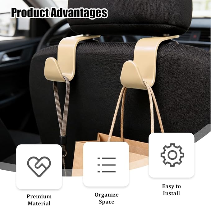 Car Seat Headrest Hook, 4PCS Vehicle Seat Back Hanger Storage Organizer for Handbag Purse Coat, Auto Interior Headrest Hook, Universal for SUV Automobile Truck (Beige) - Image 3