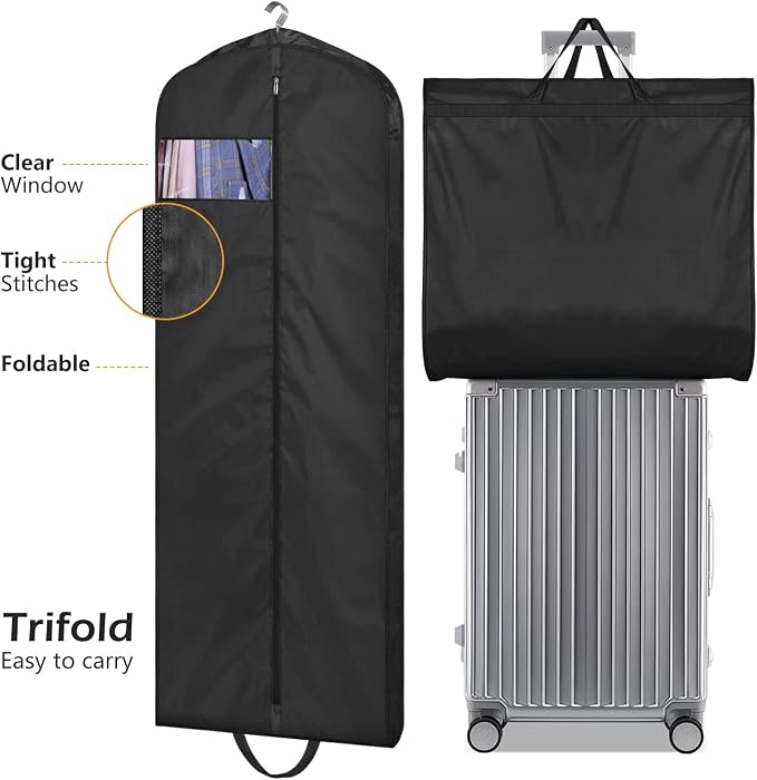 MISSLO 65" Long Garment Bags for Travel Dress Bags for Hanging Clothes Waterproof Wedding Dress Cover Traveling Clothing Protectors for Closet Storage 3-Pack for Gowns, Tuxedos, Coats, Black - Image 7