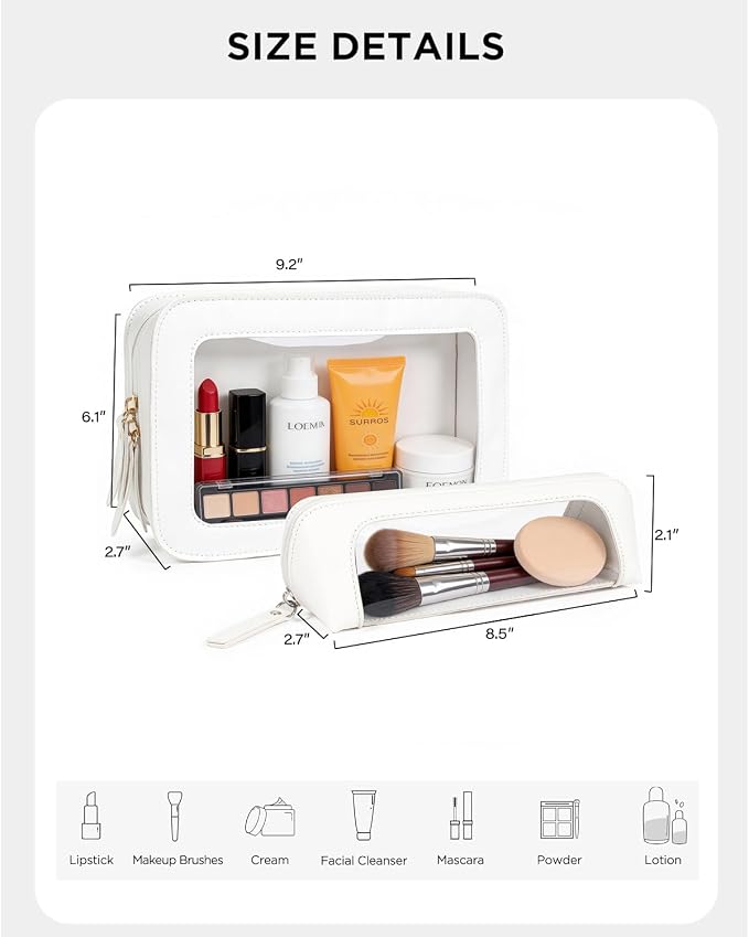 2Pack Clear Makeup Bags Set, Small Clear Makeup Bag, PU Leather Travel Makeup Brush Case Portable Transparent Waterproof Cosmetic Organizer Pouch with Zipper for Women(2Pack-White Set) - Image 6