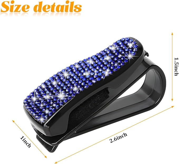 HZEL 2PCS Bling Sunglasses Holder for Car Visor, Crystal Rhinestone Sun Visor Eyeglasses and Ticket Card Mount Clip, Shiny Diamond Auto Glasses Hanger Holder, Universal for Vehicles (Royal Blue) - Image 2