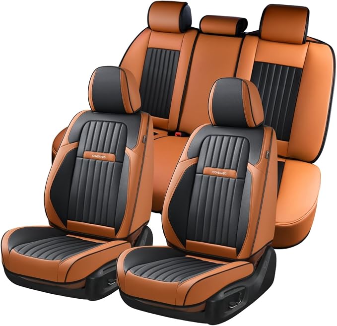 Coverado Car Seat Covers Full Set, Nappa Leather Seat Covers for Cars, Car Seat Protector Car Seat Cushion, Front and Back Seat Protectors Cushions Universal Fit for Most Cars Vehicles(Brown&Black) by COVERADOAUTO