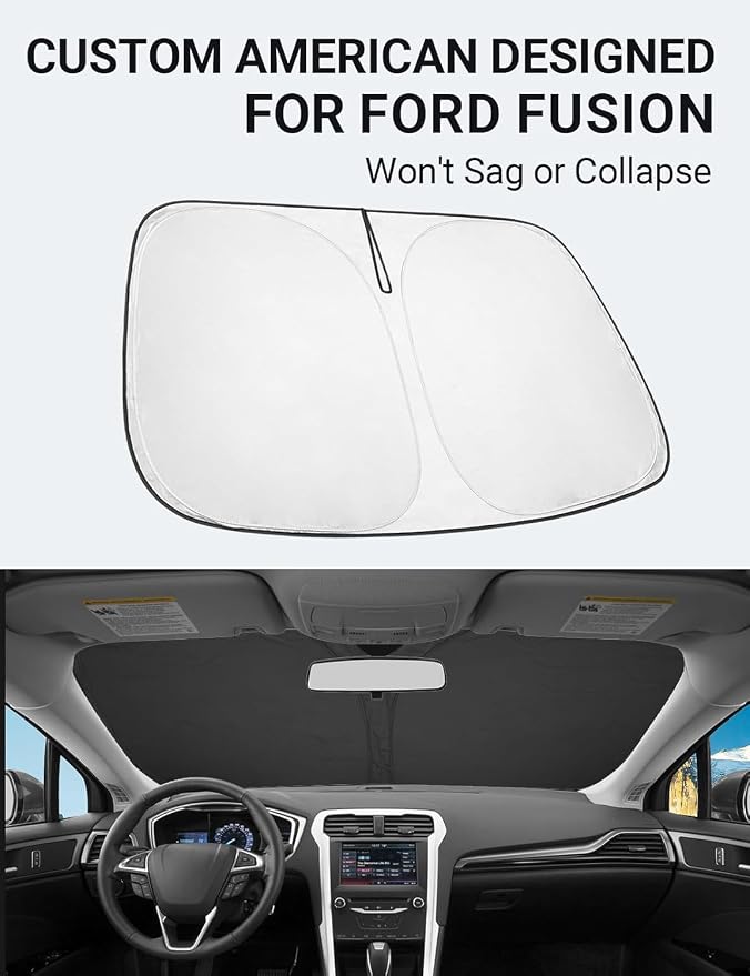 Proadsy Custom Fit 2013-2021 Ford Fusion Windshield Sun Shade, Blocks Heat | 240T Heat Shield, Drops Temp 54°F, Blocks 99% UV, Prevents Dashboard Cracking, Summer Parking & Beach Trips, Easy Twist-Fold - Image 2