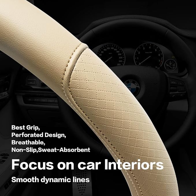 Microfiber Leather Steering Wheel Cover with Classic Embossing, Anti-Slip Breathable Auto Car Wheel Protector, Fit 15 Inch (Beige) - Image 5