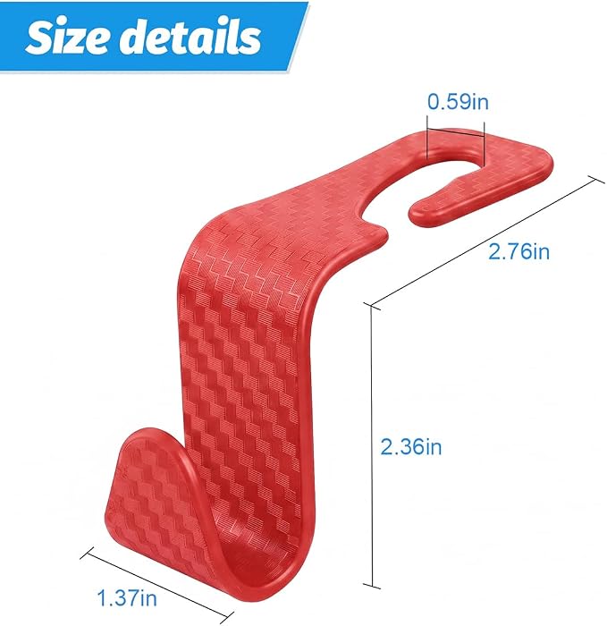 4 Pack Headrest Hooks for Vehicle Seats, Carbon Fiber/Red | rear-row hanging storage, supports bags coats and groceries, fits matching headrest posts, interior accessory - Image 2