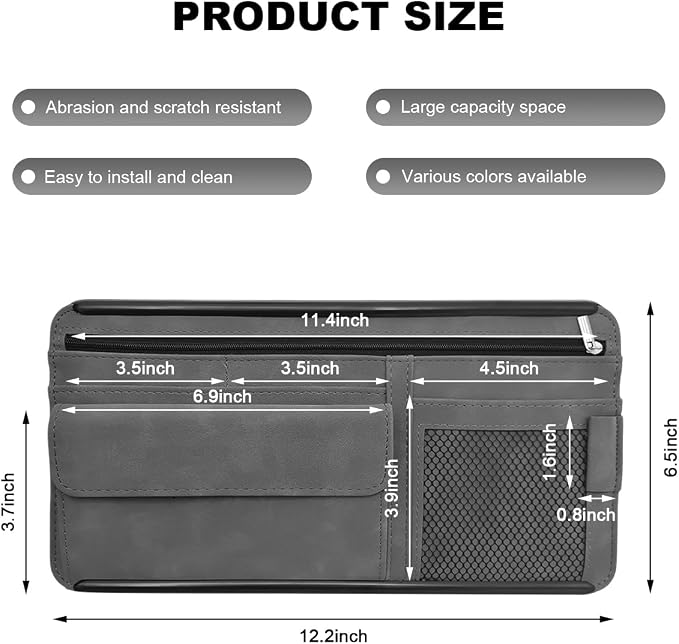 Car Sun Visor Organizer, Leather Sun Visor Pocket Organizer Case with Multi-Pocket Net Zipper, Suede Note Holder Car Visor Storage Pouch for Card Pen Sunglasses Document (Gray) - Image 2