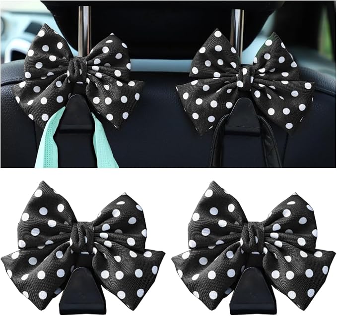 Mandark 2PCS Bow Car Headrest Hooks for Bags, Black/Polka Dot | PVC construction, clip-on installation keeps items off the floor, fits most cars, SUVs, and trucks, car interior accessories by Unknown