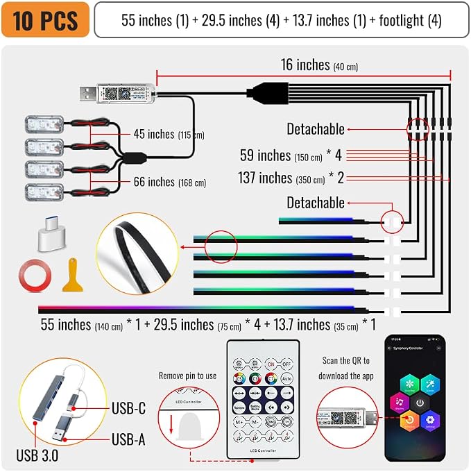 Acrylic Ambient Lighting Car Interior, 10 in 1 Dream Color Acrylic Led Strips Fiber Optic Lights Kit with APP USB Hub,Flexible Dynamic Neon Music Sync Emotion Glow Footwell Lighting for Car - Image 2