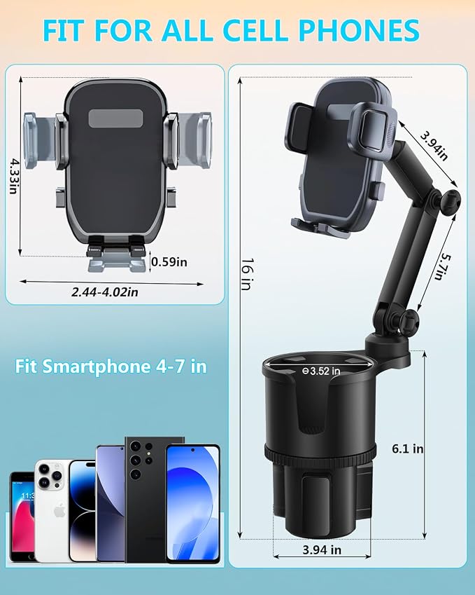 2-in-1 Cup Phone Holder for Car, 360° Adjustable Car Phone Mount | Anti-Slip Phone Cup Holder Long Arm, Fits 2.5–4" Cup Slots, Stable Holds Phones & Large Bottles, Compatible iPhone 17/16 Pro - Image 5