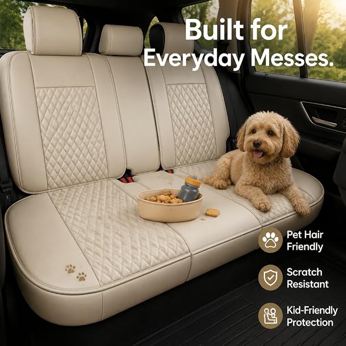 Beige High-Density Nappa Leather Automotive Car Seat Covers Full Set | Univerasal Fit,3D Contoured,Full Coverage,Waterproof,ThickTexture Nappa Leather,for most Suvs Trucks Sedans - Image 8