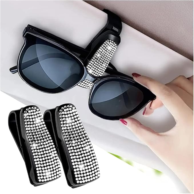 Set of 2 Bling Rhinestone Car Sun Visor Glasses Holders with Anti-Scratch Sponge,Car Decoration for Women Girls,Ticket Card Clip Visor Organizer,Universal Rhinestone Auto Accessories (Silver-2pcs) by Turcee