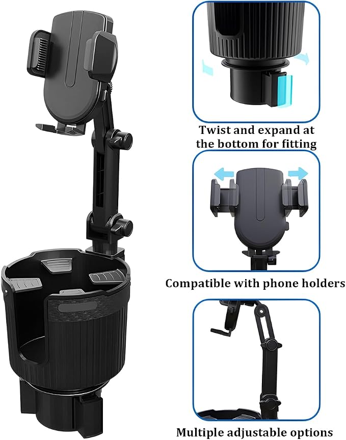 Adjustable Cup Holder Phone Mount 2-in-1 Vehicle Stand Black | Rotatable retractable base, abs construction, anti-slip pads, fits most cars, SUVs, and trucks, automotive accessories - Image 3
