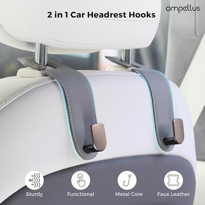 Car Headrest Hook, 2 Pack Leather Car Seat Hooks for Purses and Bags, Car Organization Accessories (Tan) | Sturdy Metal Core, Premium Leather Wrapped, Universal Fit for Most Vehicle Seat Headrest, 360-degree Rotation,Easy to Install - Image 2